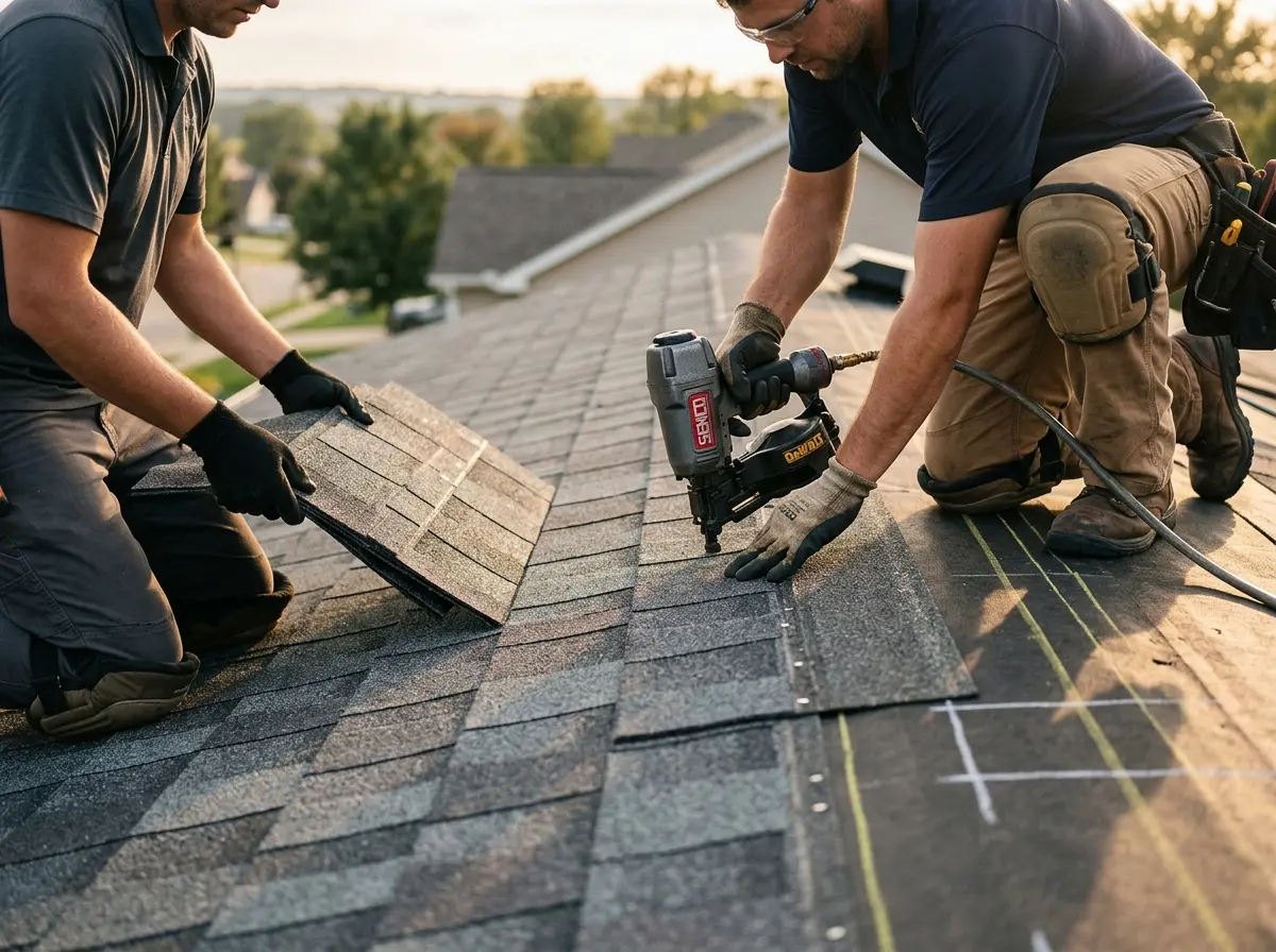 Professional roofer working on a residential roof in East Palo Alto